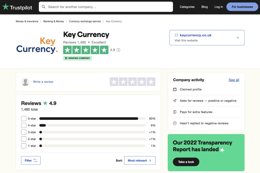 Key Currency's Trustpilot page.