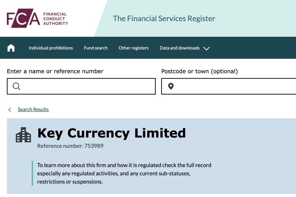 Key Currency Limited on the FCA register