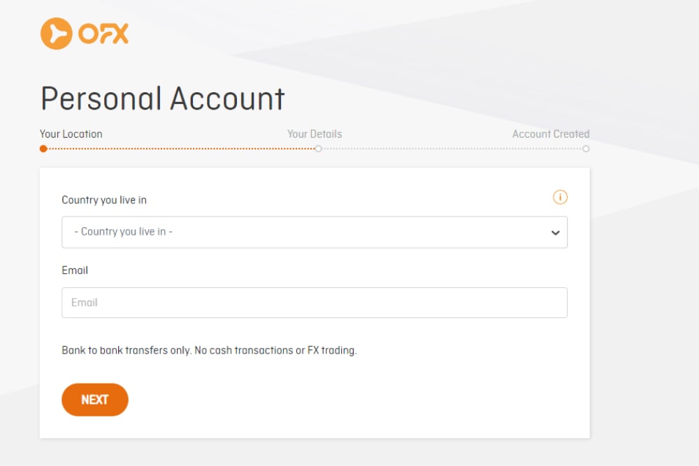 The 'register an account' page on OFX's website