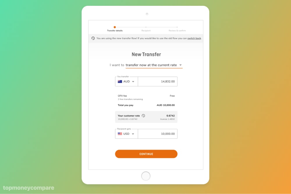 The 'New Transfer' page on OFX's website