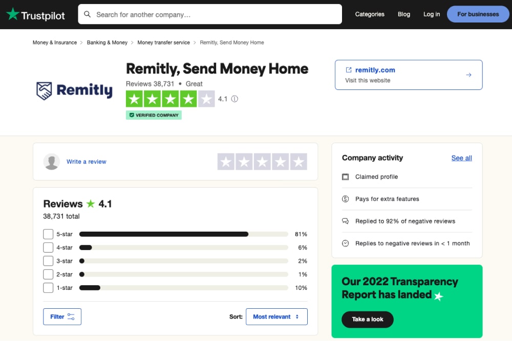 Remitly's Trustpilot page