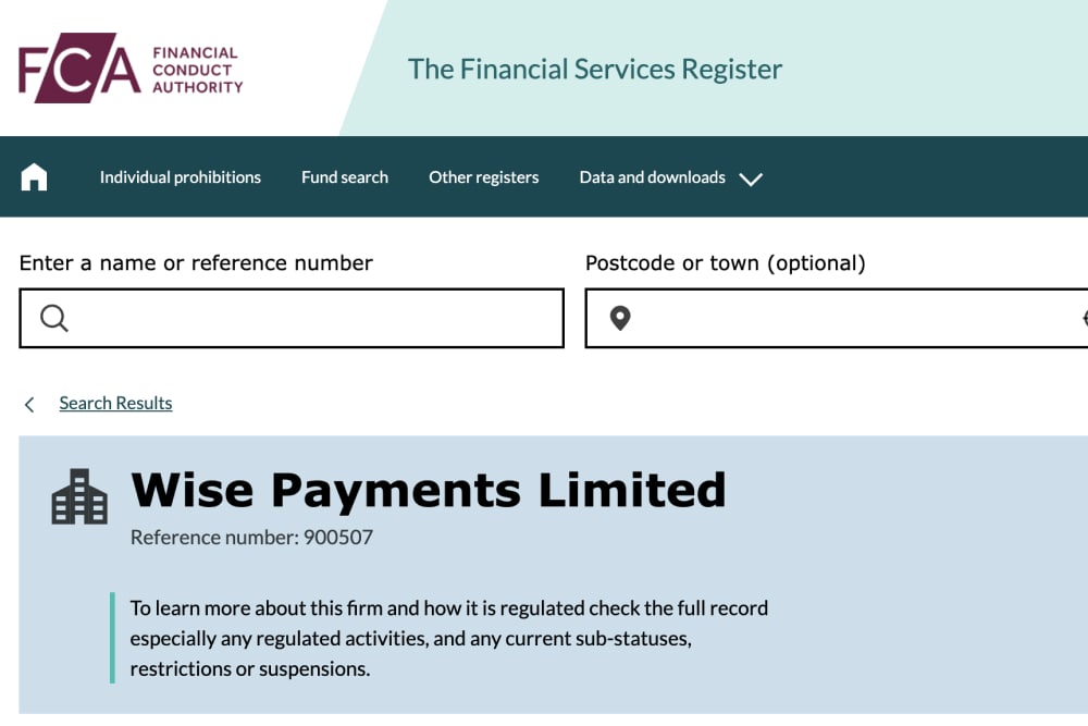 Wise on the FCA register