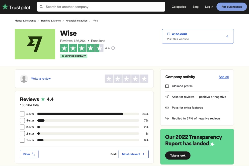 Wise's Trustpilot page