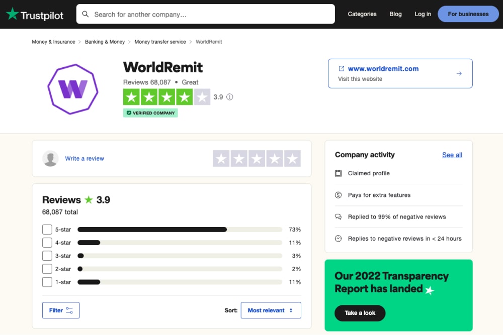 WorldRemit's Trustpilot page