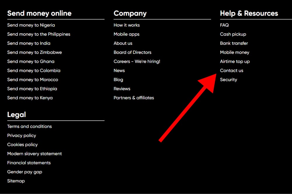 How to find WorldRemit's 'Contact us' page