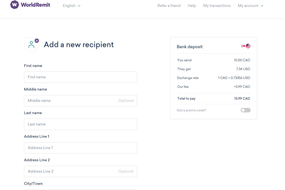 'Add a recipient' page on WorldRemit's website