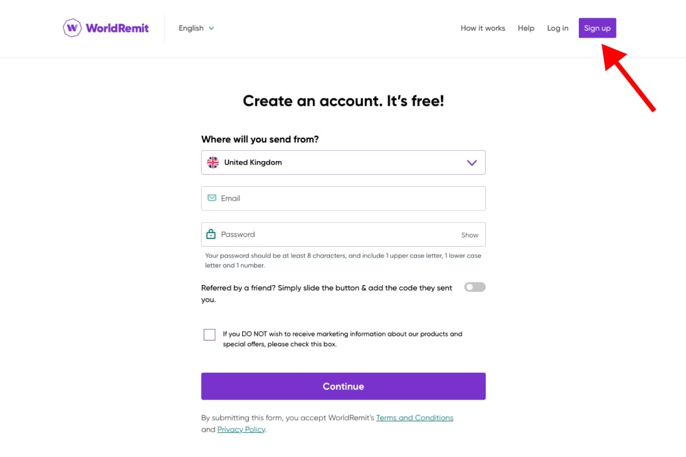 The 'create an account' page on WorldRemit's website