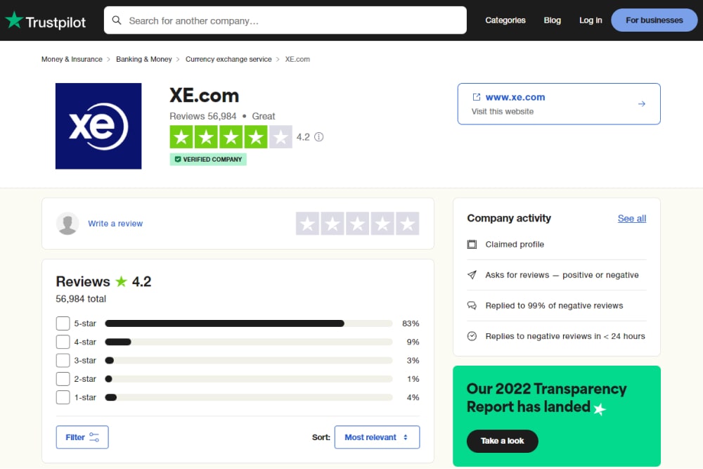 XE's Trustpilot page