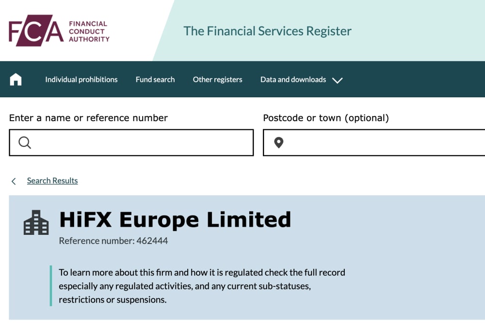 HiFX Europe Limited on the FCA register