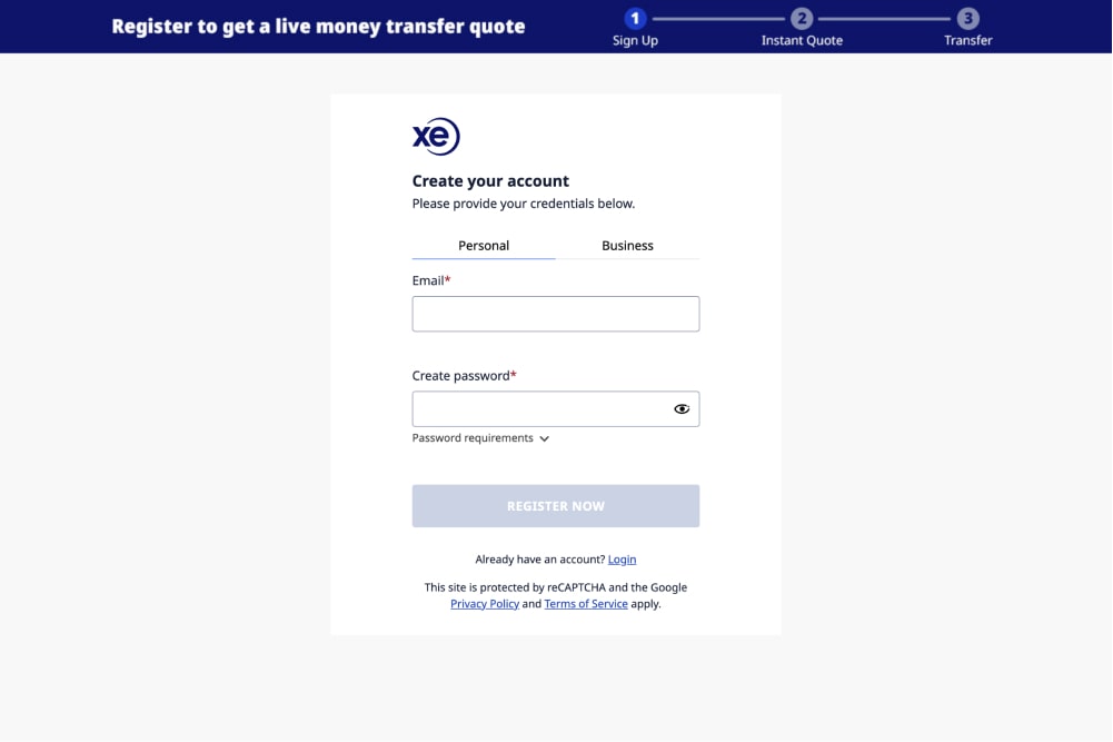 XE's 'Create an account' page