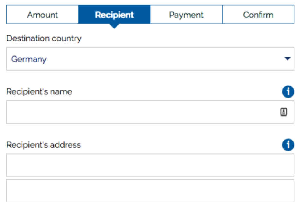 XE's 'Add a recipient' page
