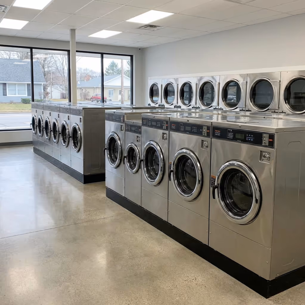 A man appraising furniture in a home. Cartoon image in purple. 