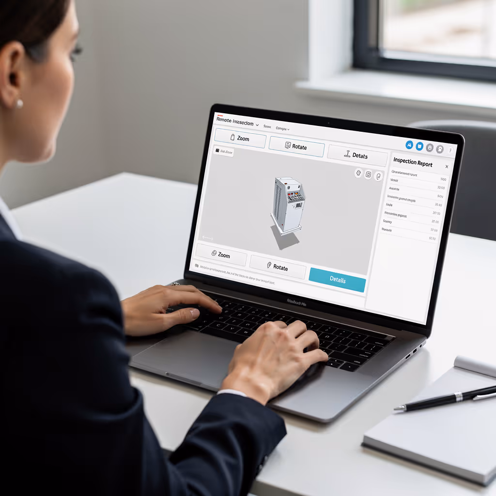A man appraising furniture in a home. Cartoon image in purple. 