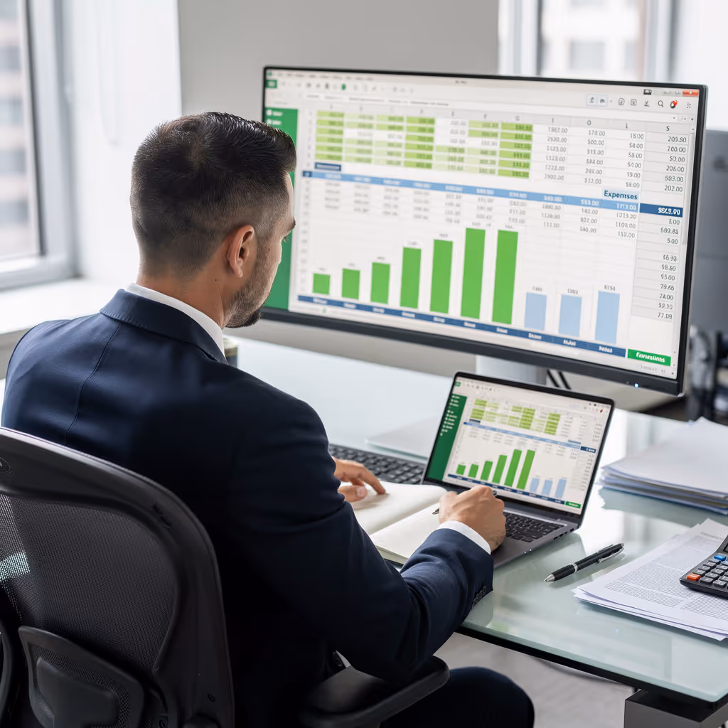 A man appraising furniture in a home. Cartoon image in purple. 