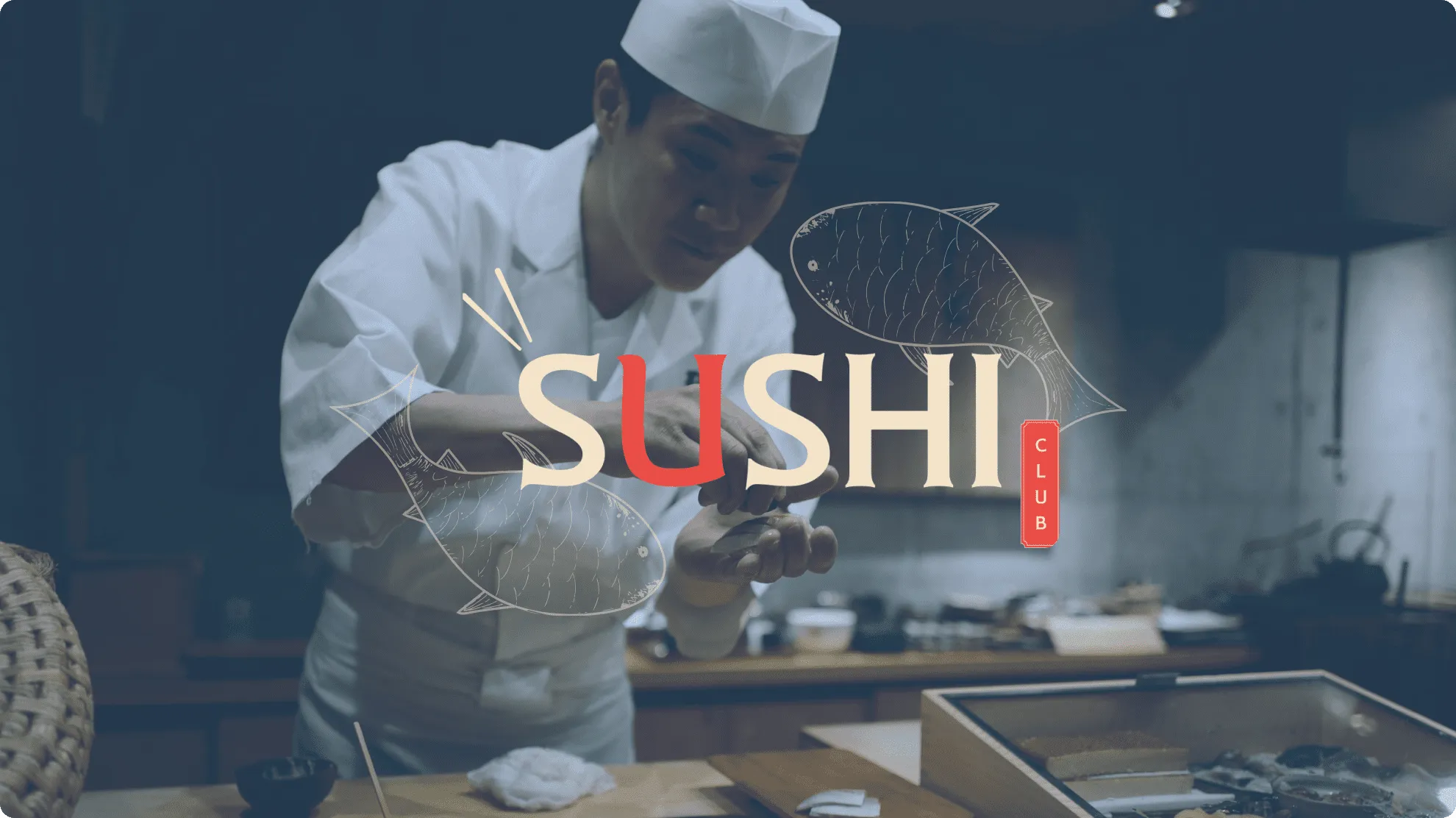 Chef Cooking Sushi - Logo Sushi Club Displayed