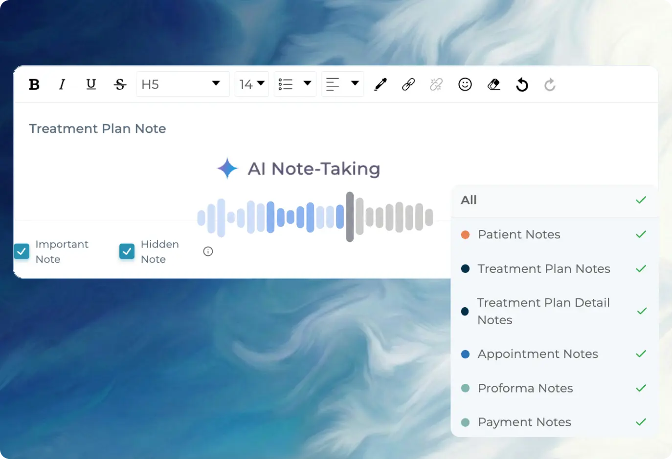 AI-powered dental clinical notes interface with audio transcription and structured treatment plan notes