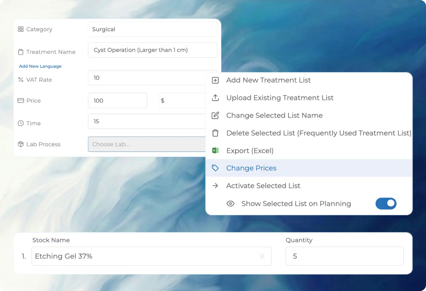 Dental treatment cost management screen showing editable price lists, VAT rates, lab costs, and treatment pricing controls