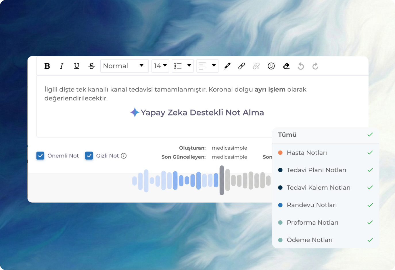 Ses transkripsiyonu ve yapılandırılmış tedavi planı notları sunan yapay zeka destekli dental klinik not arayüzü