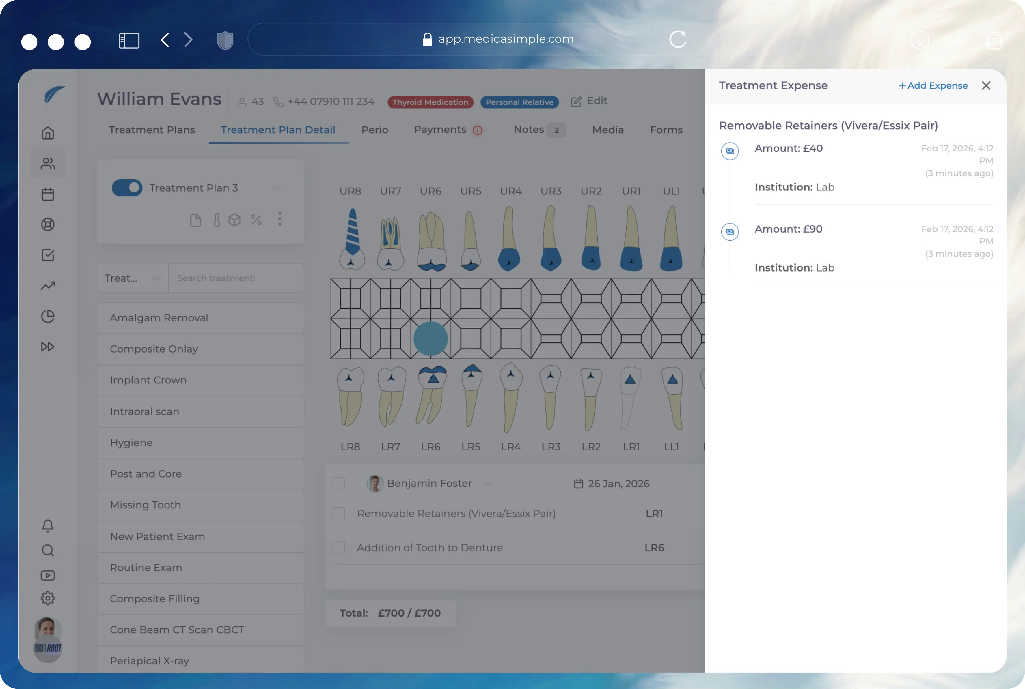 Medicasimple treatment cost management interface showing treatment pricing, lab costs, and case margin tracking
