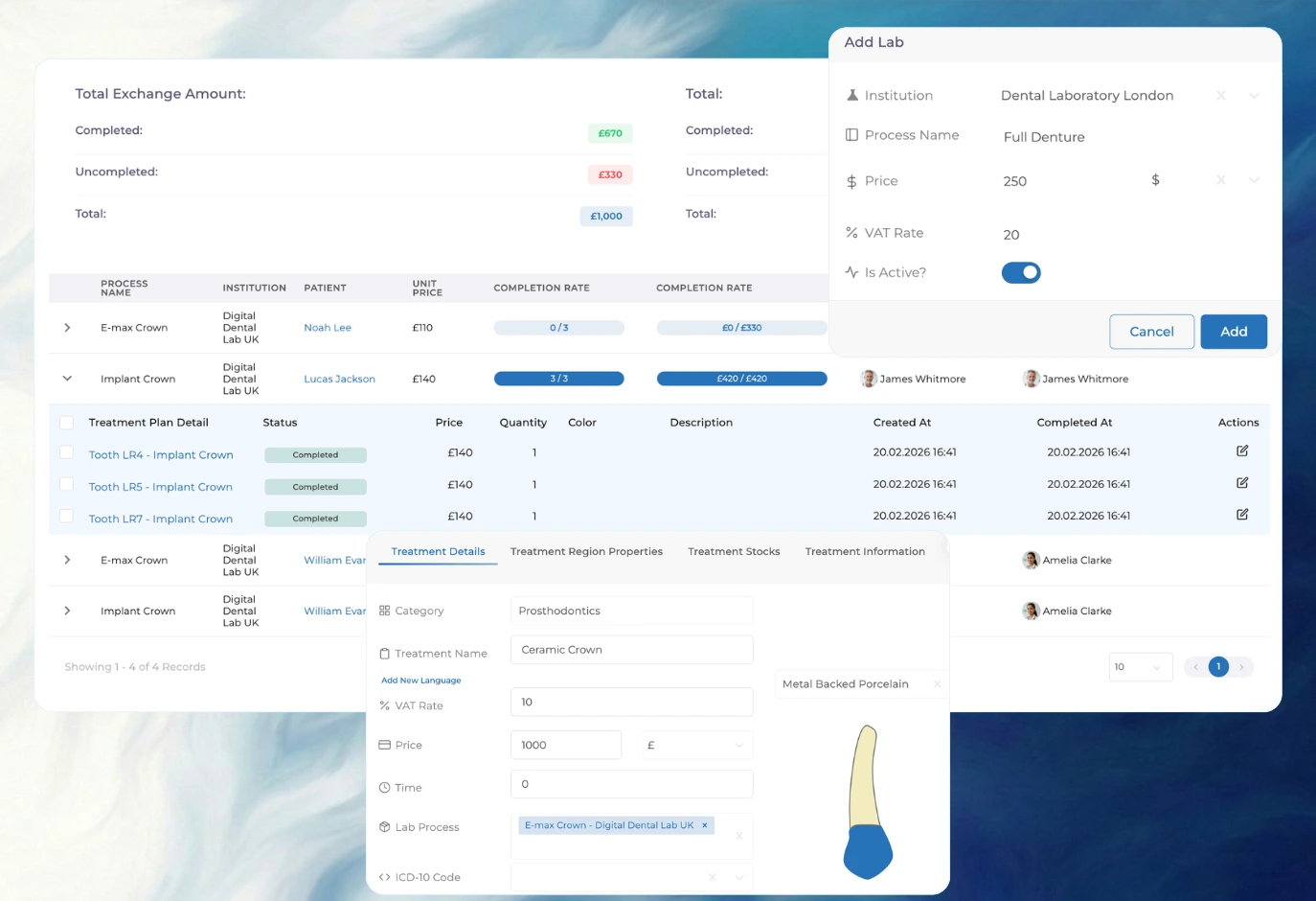 Dental lab cost management screen showing case level lab fees, supplier tracking, and cost allocation per treatment