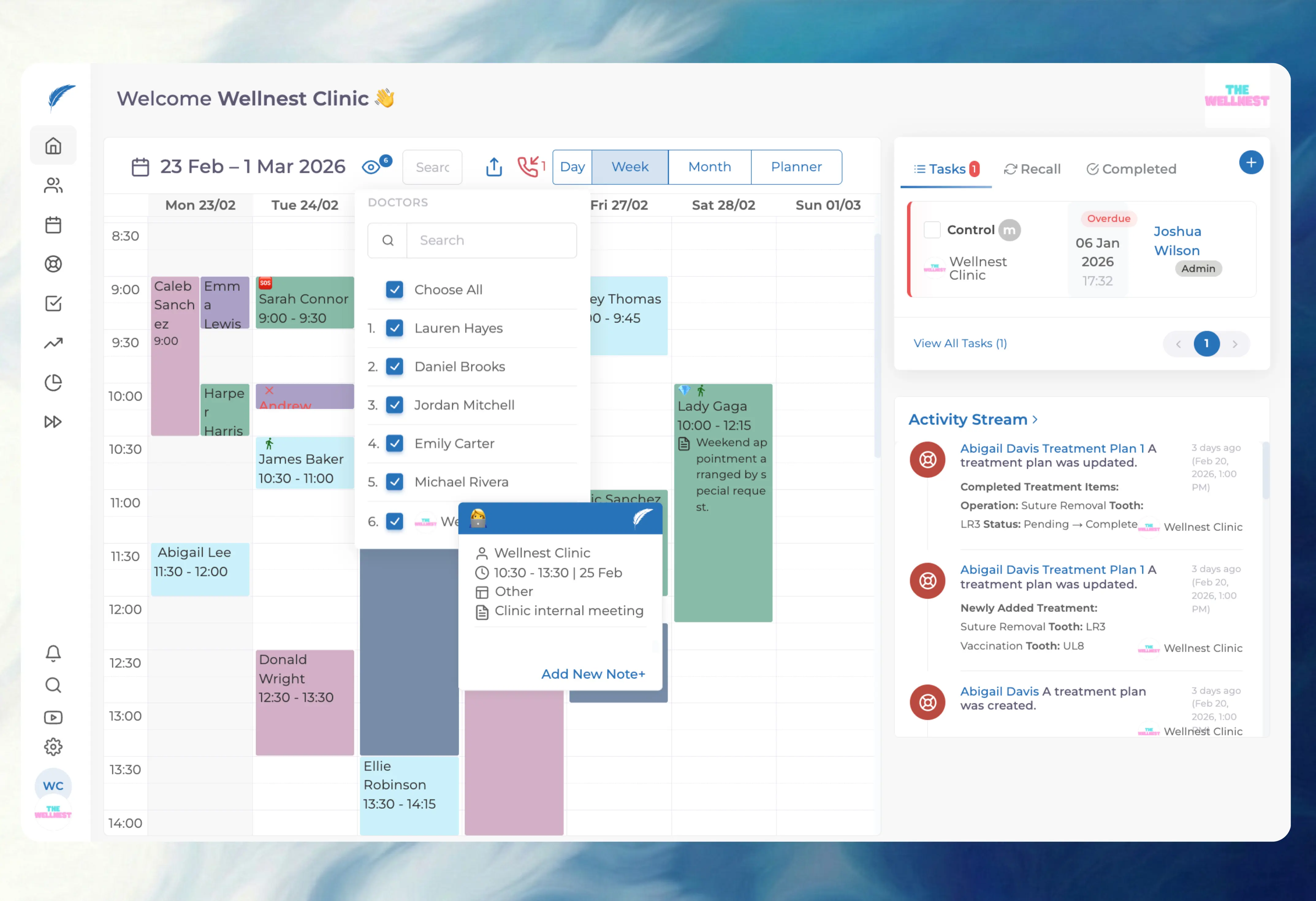 Dental treatment cost management screen showing editable price lists, VAT rates, lab costs, and treatment pricing controls