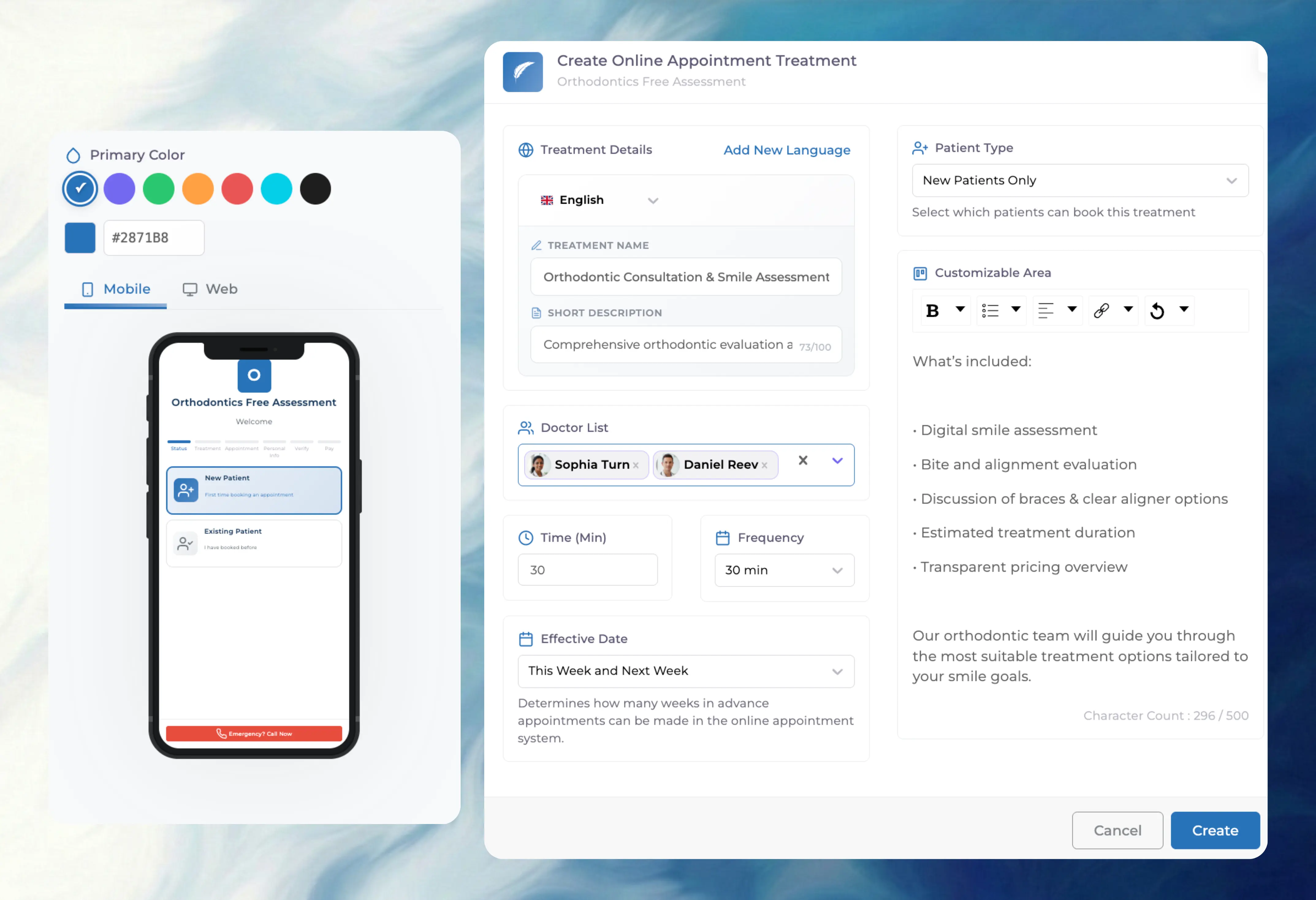 Online booking rules by clinician, service type, and availability window