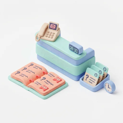 Clay illustration of a busy reception desk with missed calls and an unconfirmed appointment list