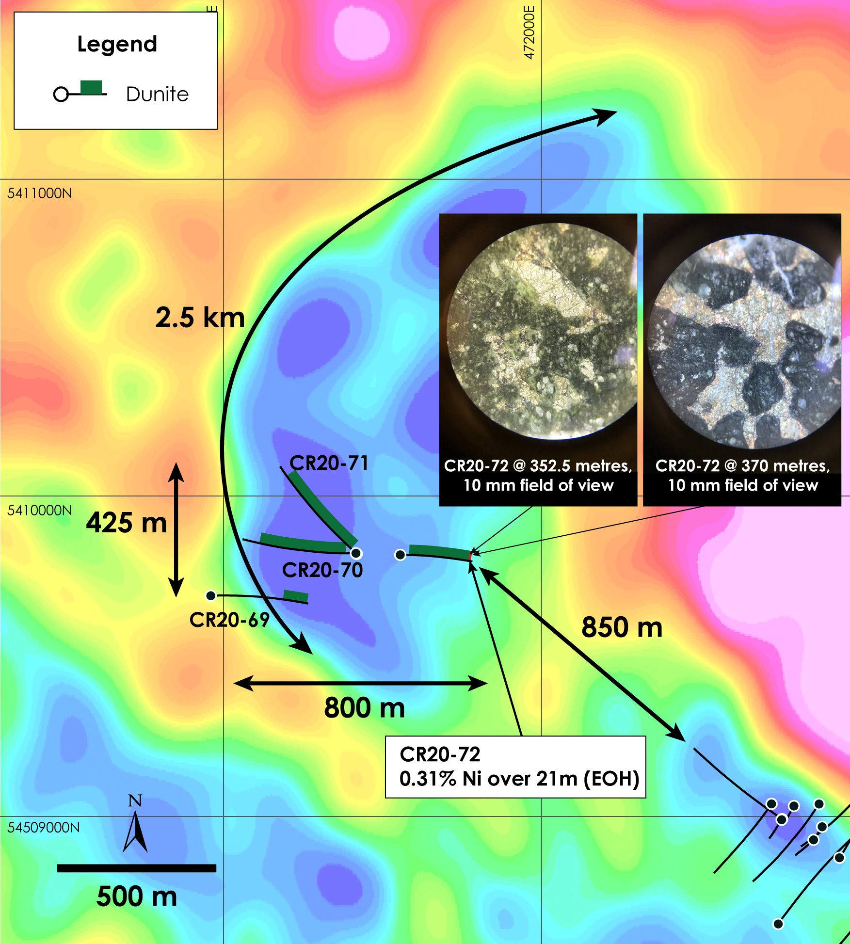 West Zone Discovery Holes CR20-69 through CR20-72 over top of gravity gradient (Crawford Township airborne gravimetric survey completed in 2018)
