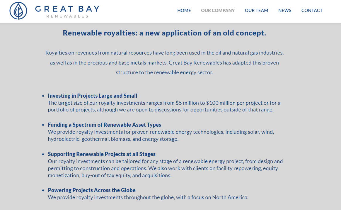 Great Bay Renewables - Niche Royalty with Billions Backing Them