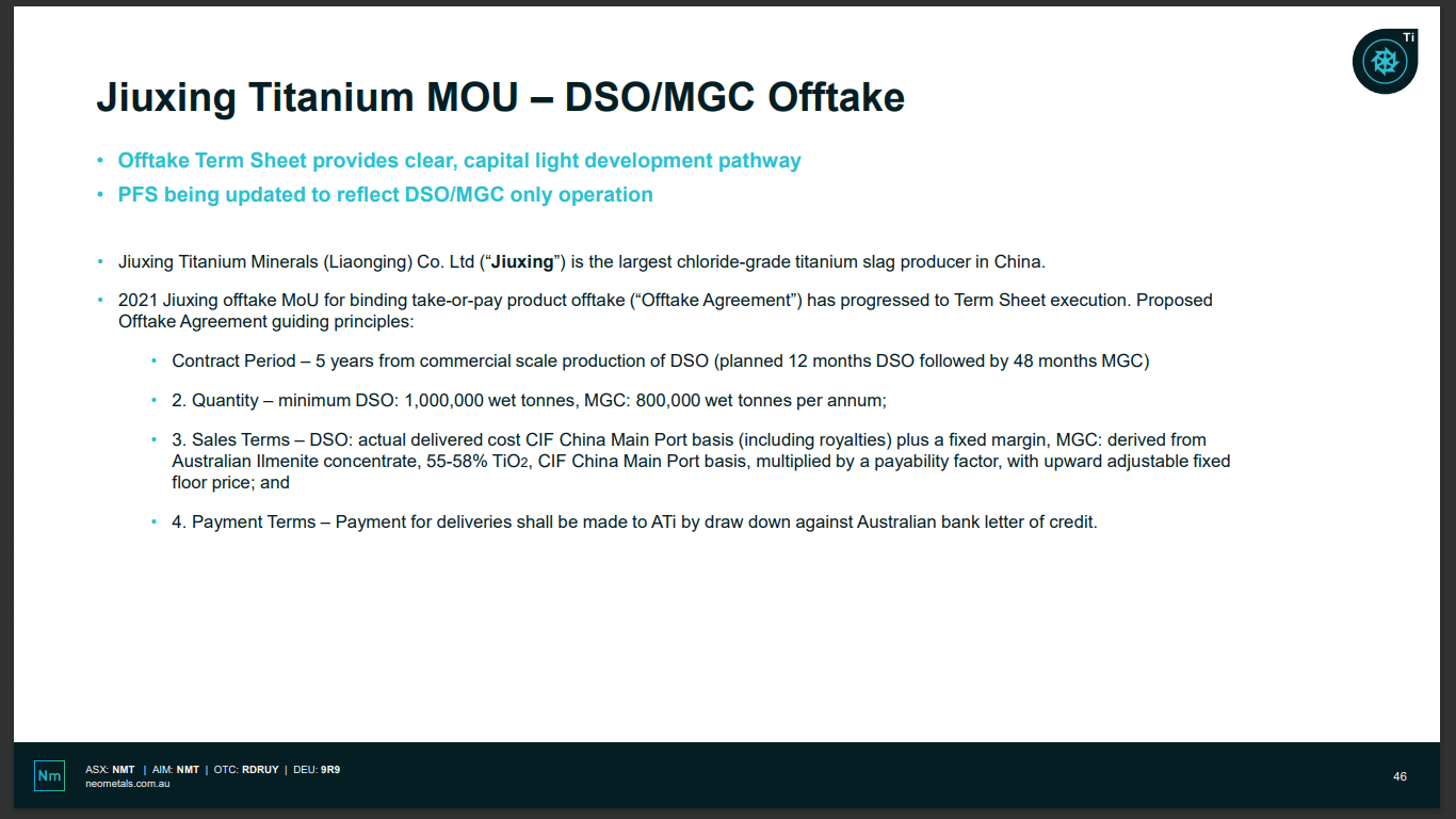 Neometals (NMT) - Chinese Off-Take on 2nd Highest Grade Titanium Asset