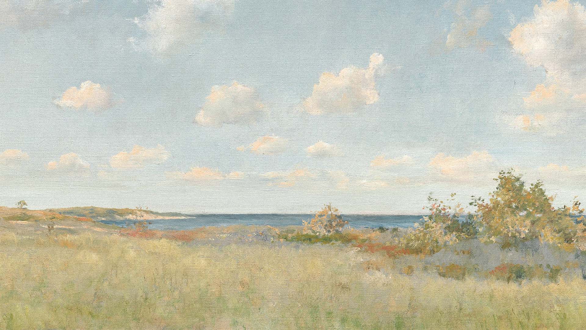 Impressionist landscape painting of a grassy field with bushes, distant hills, and a blue sky dotted with soft clouds.