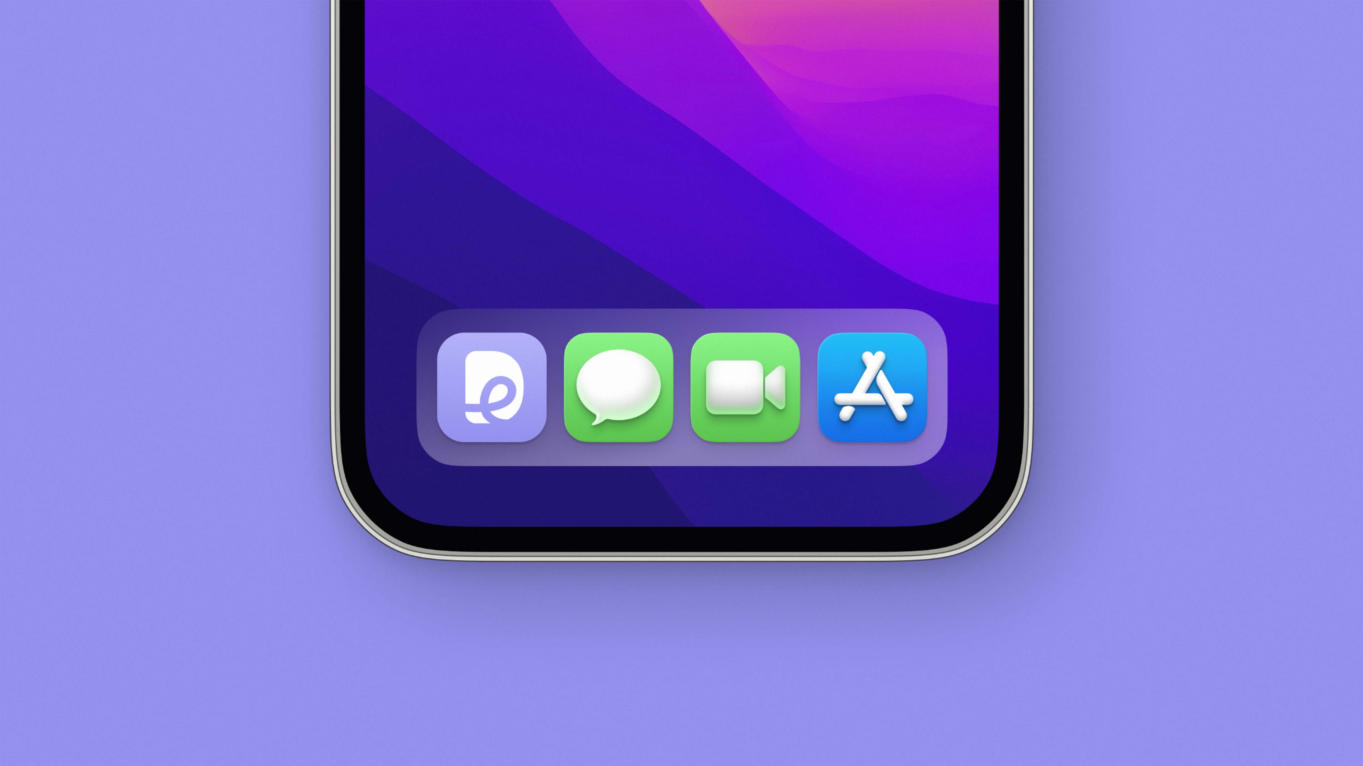 Close-up of an iPhone screen bottom corner showing four app icons on the dock: an app with a white looped symbol on purple, Messages, FaceTime, and the App Store.