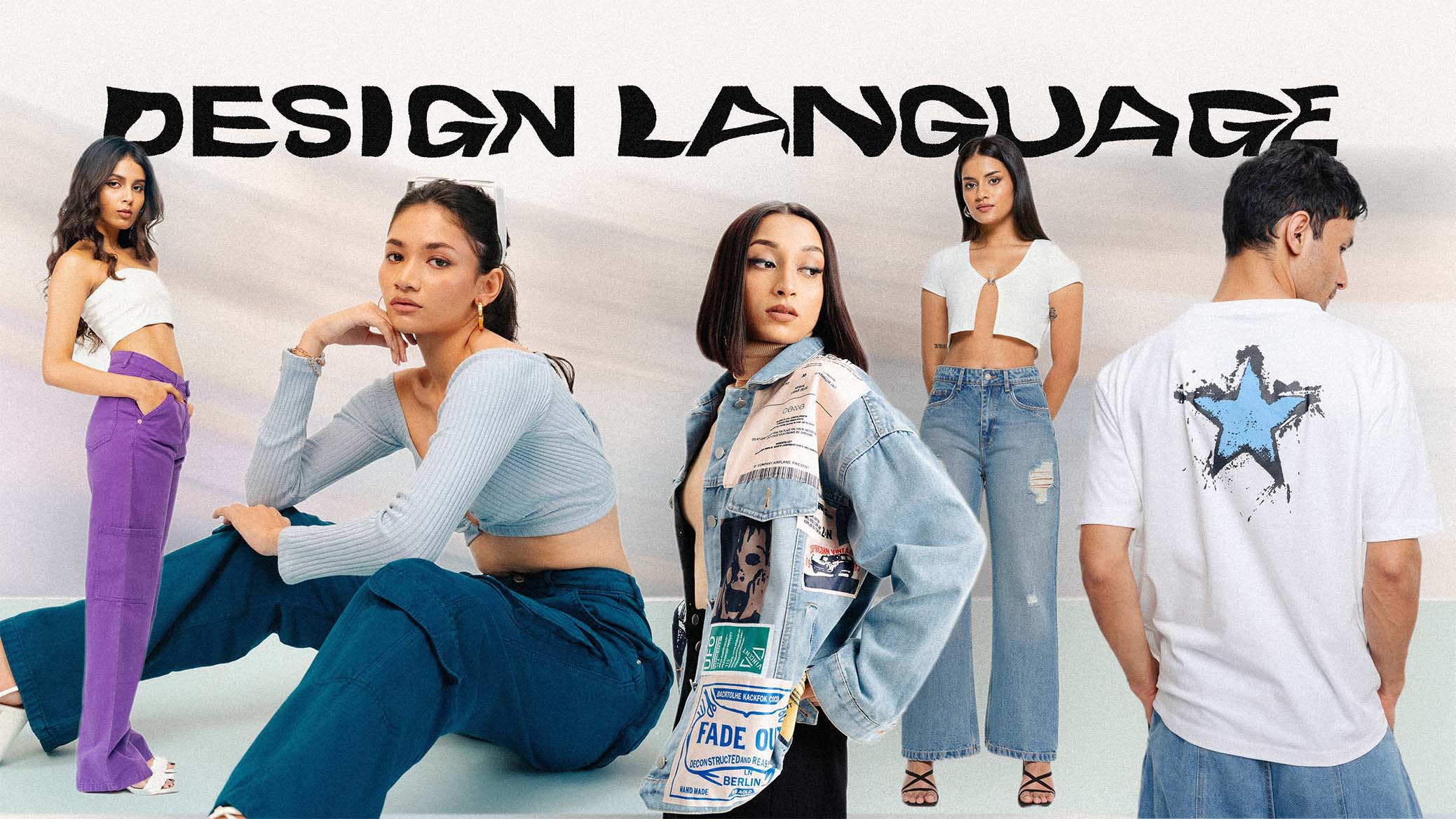 Five young adults posing in casual streetwear featuring cargo pants, denim jacket with patches, cropped tops, and graphic t-shirt with blue star design.