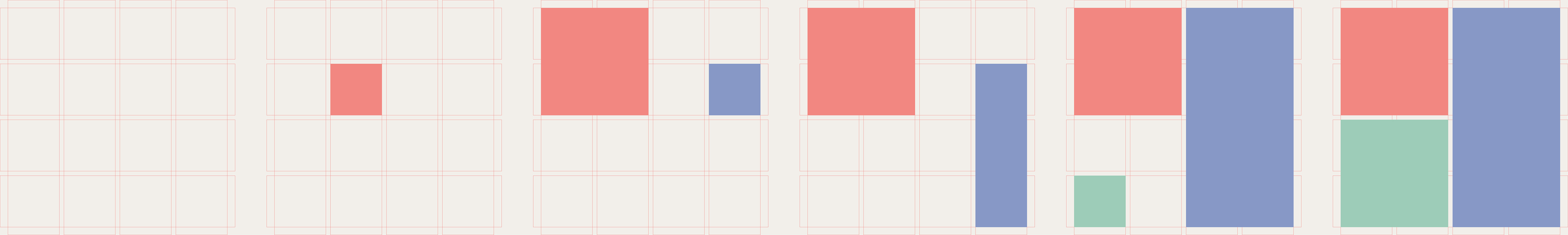 Illustration showing a sequence of grid layouts with colored blocks in red, blue, and green, progressively increasing in size and complexity from left to right.