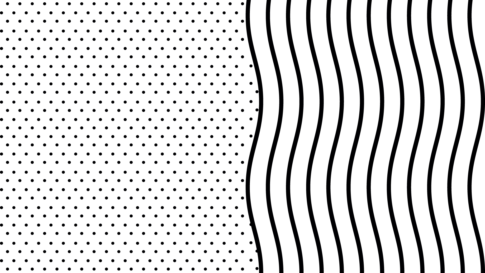 Blue-gray background with a pattern of small black dots on the left and black vertical wavy lines on the right.