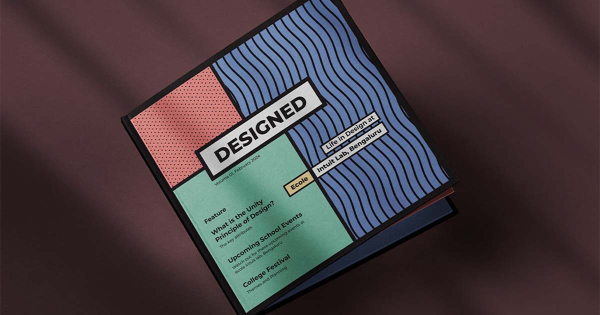 Closed Magazine titled 'DESIGNED' with colorful geometric patterns, featuring design topics and events.