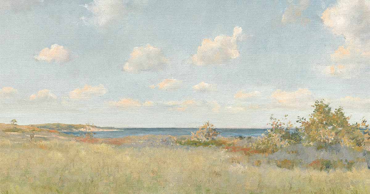 Impressionist painting of a coastal landscape with grassy fields, shrubs, and a calm sea under a partly cloudy sky.