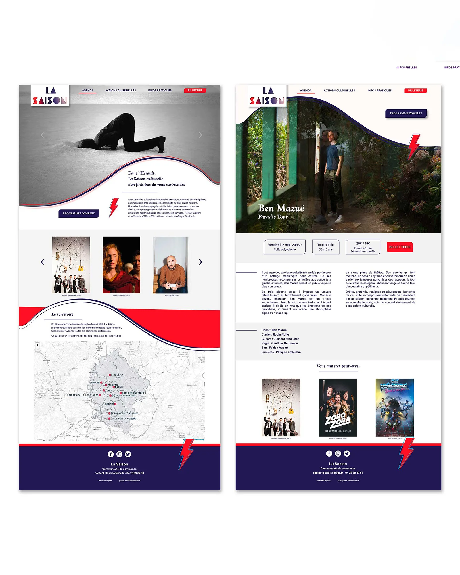 webdesign du site de la saison culturelle avec la page d'accueil et une page évènement.