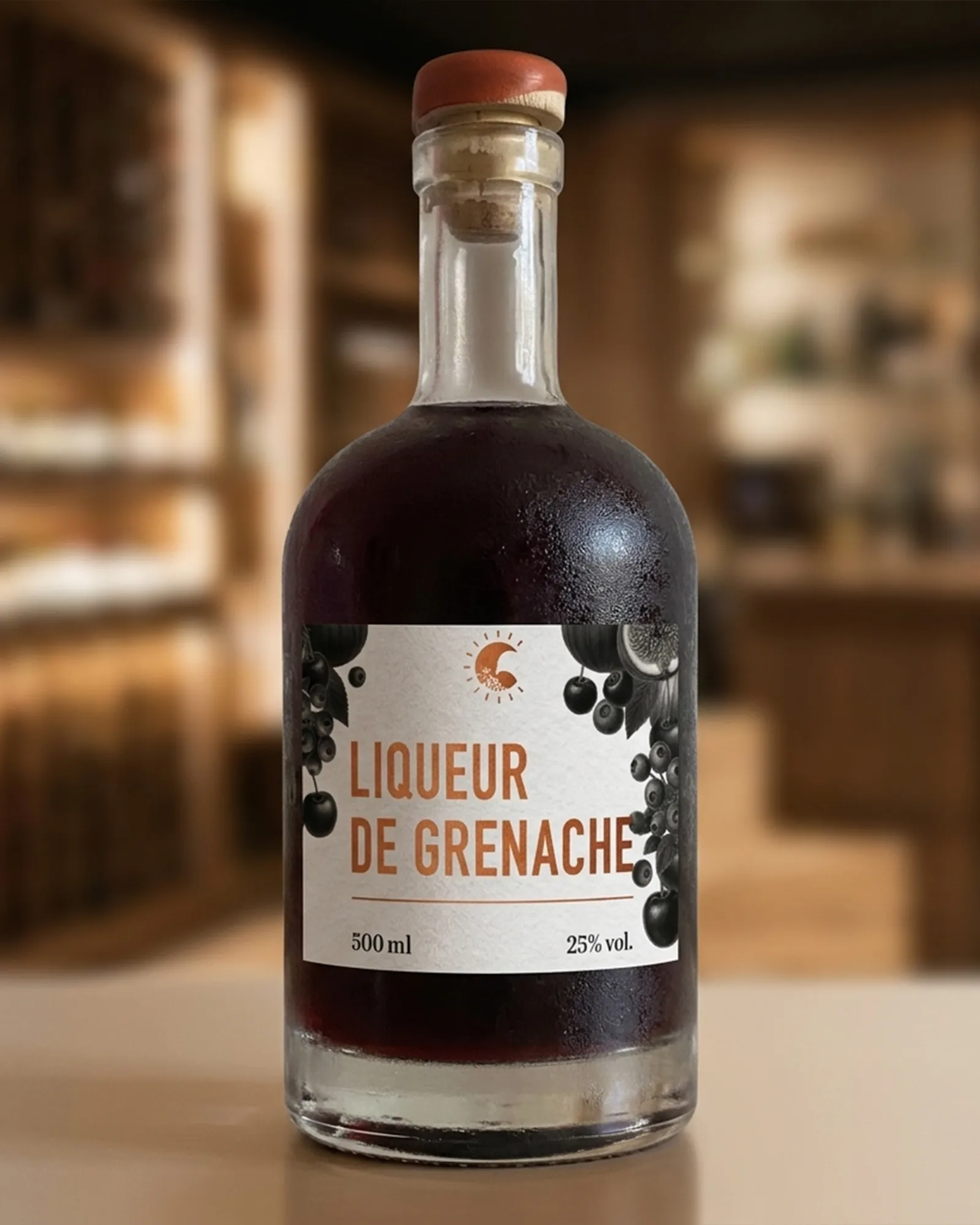Bouteille dans une ambiance feutrée et classe.