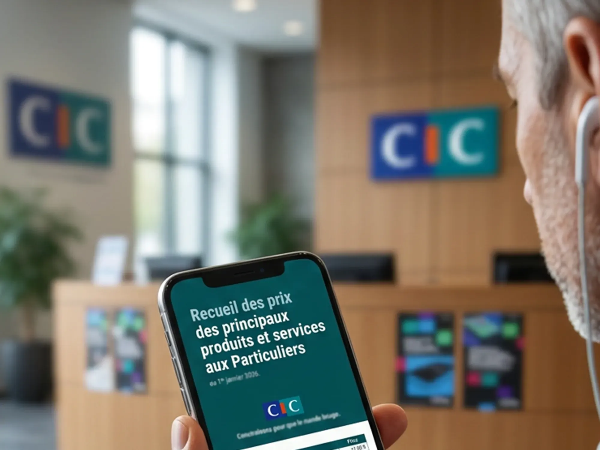 Un client déficient visuel dans une agence du CIC.