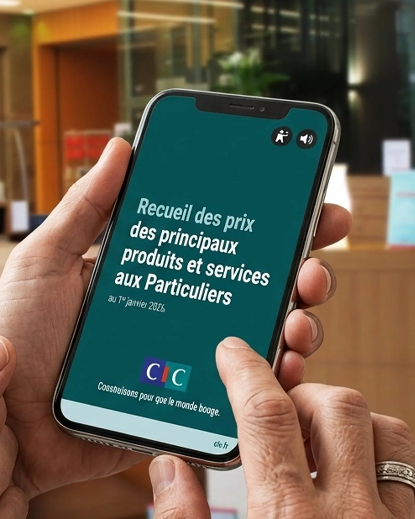 Un utilisateur utilise son smartphone pour lire le fascicule tarifaire.