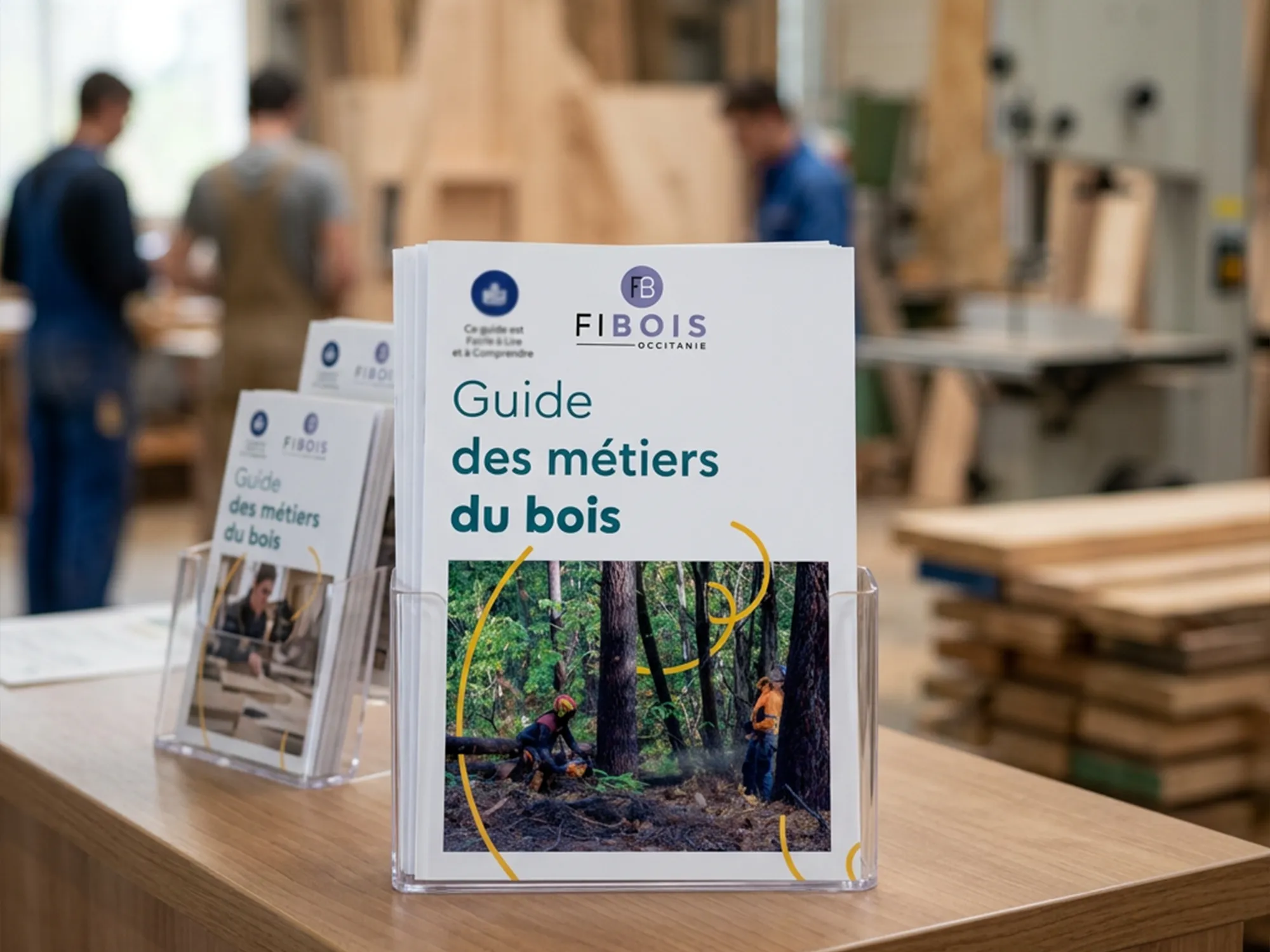 Zoom sur la couverture du guide des métiers dans une scierie.