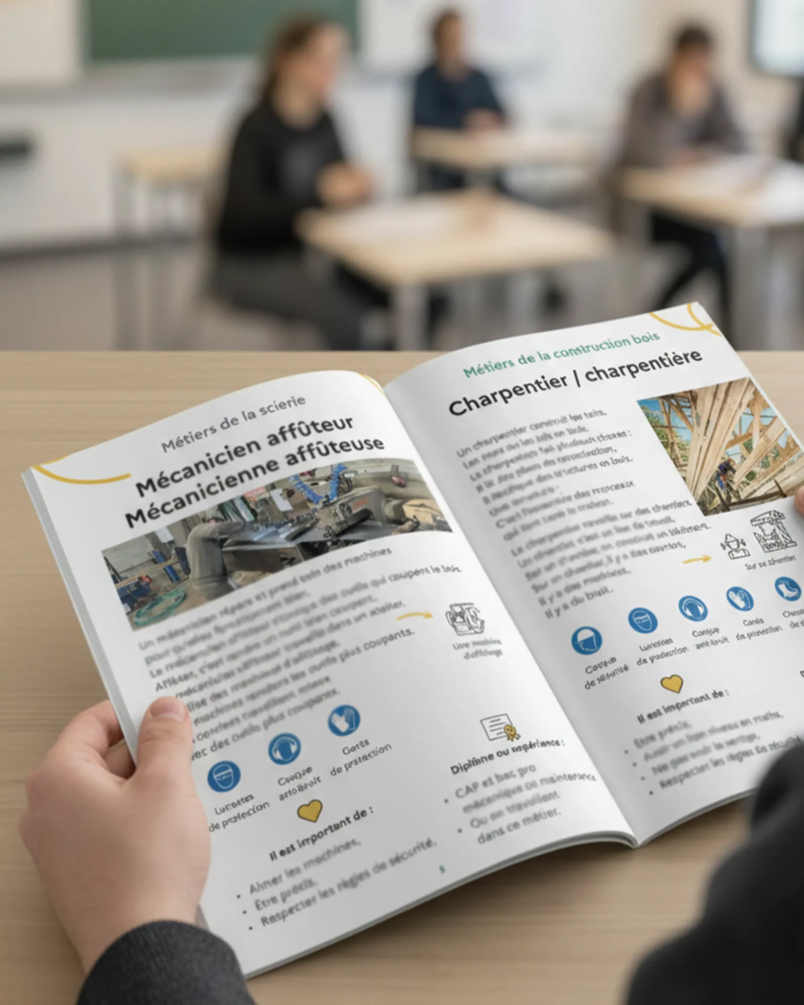 un étudiant feuillette le guide des métiers.