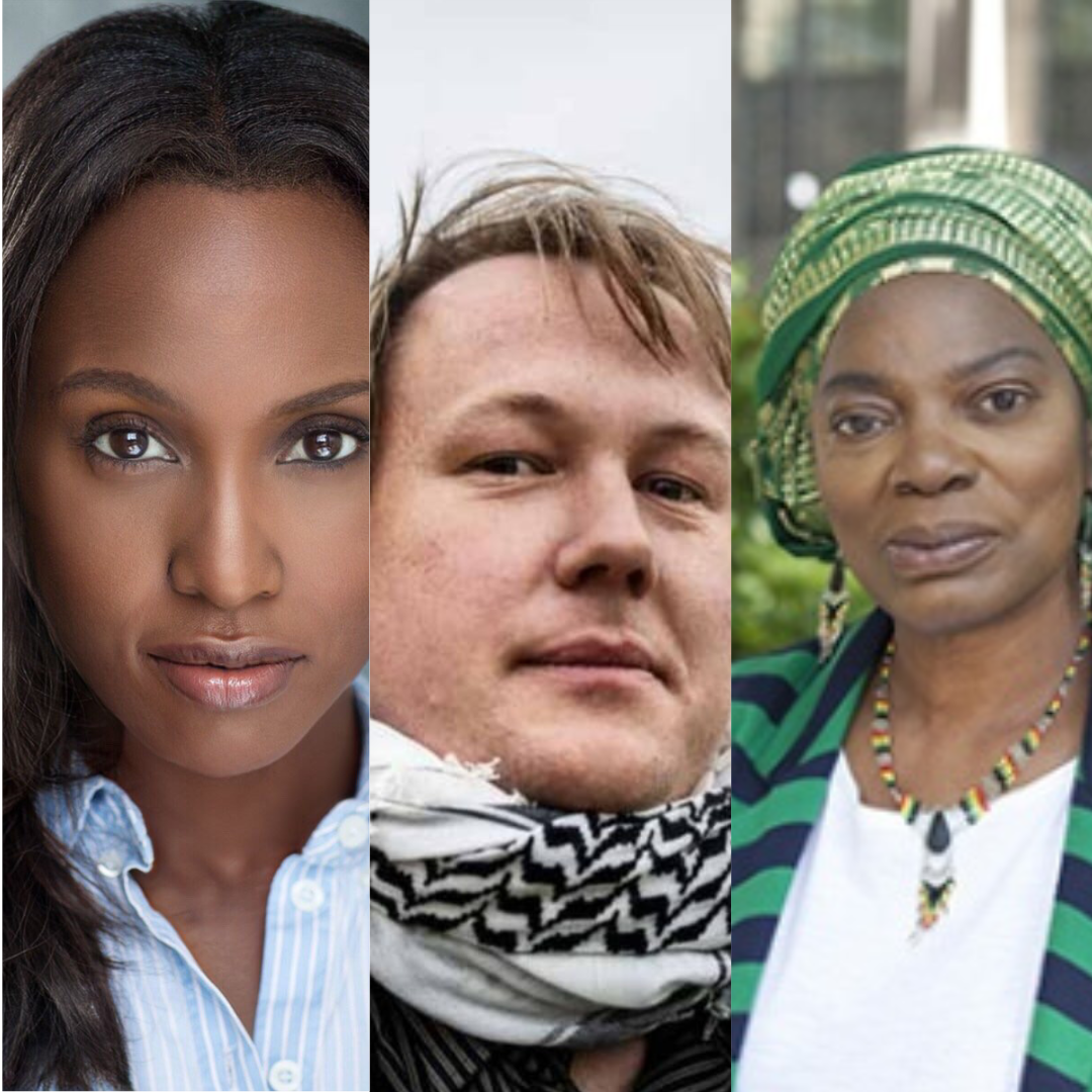 Portraits of three individuals side by side: a woman with long dark hair in a light blue shirt, a man wearing a black and white scarf, and a woman in a green patterned headwrap and striped jacket.