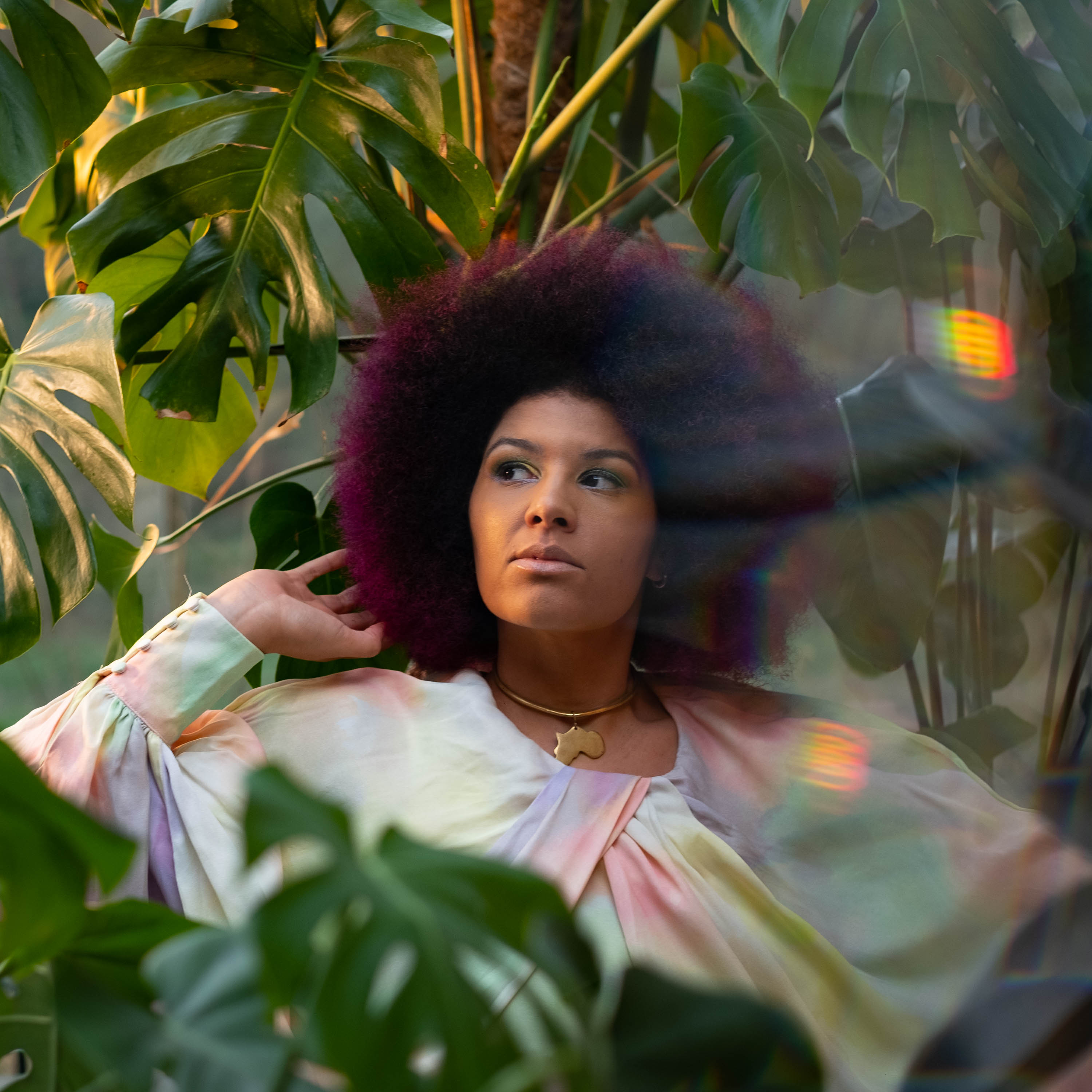 Portrait of a person with a large afro hairstyle sitting among lush green tropical plants, wearing a flowing pastel top and a gold necklace.