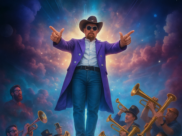 A stylised image of a man in a purple coat, cowboy hat and sunglasses pointing finger guns, standing above a group of trumpet players against a dramatic, cosmic sky background.