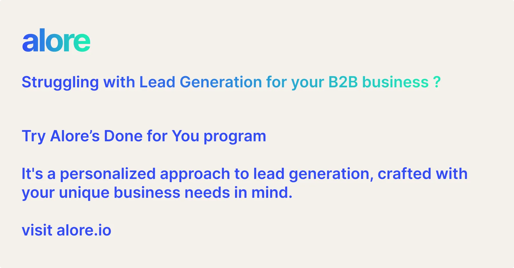 Always keep top of your sales funnel filled with Alore's done for you program
