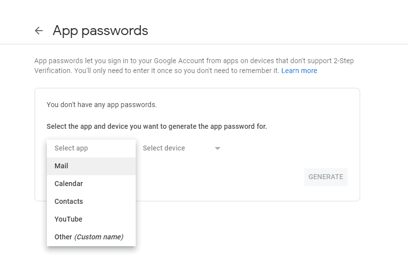 Select app passwords tab