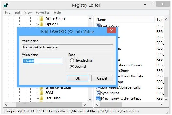 Edit Maximumattachmentsize value - Data text box