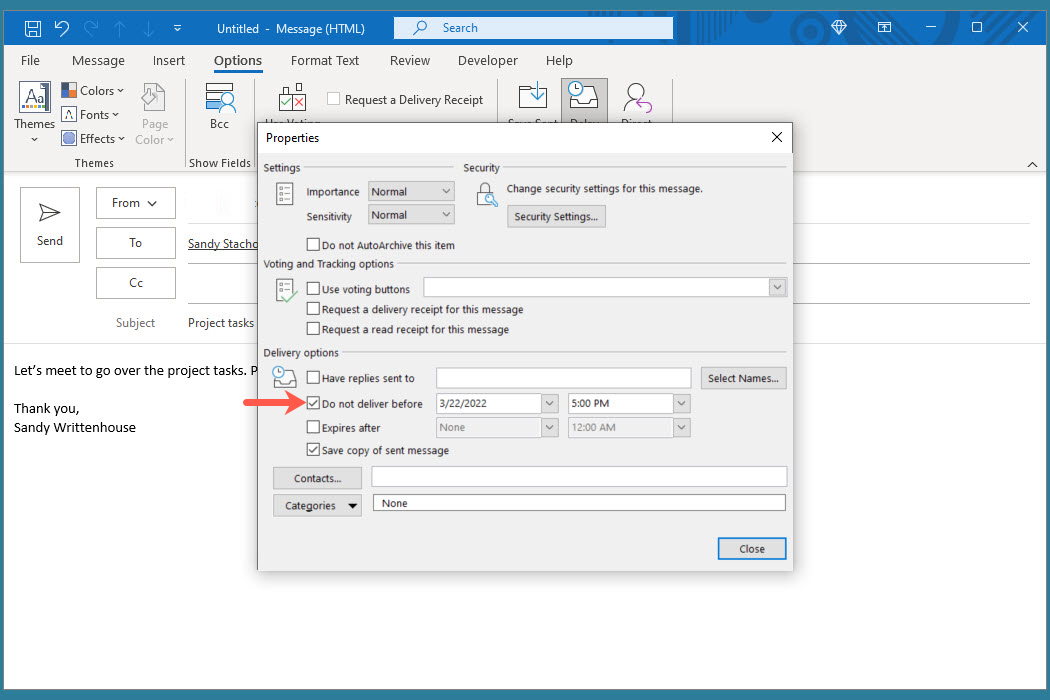 'Do not deliver before' box and set your desired 'date' and 'time' in Outlook